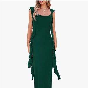 Green sleeveless ruffle wedding guest dress